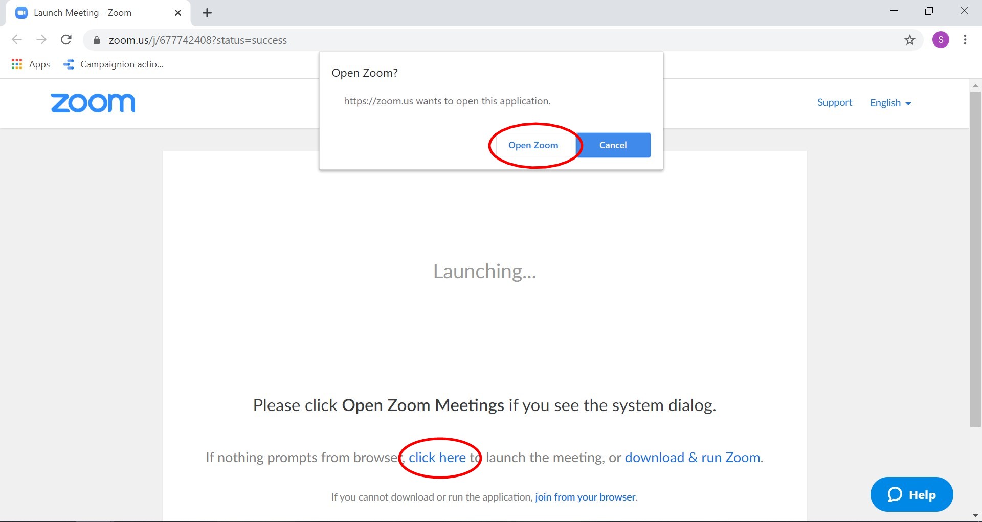 Zoom website asking you to join meeting with app