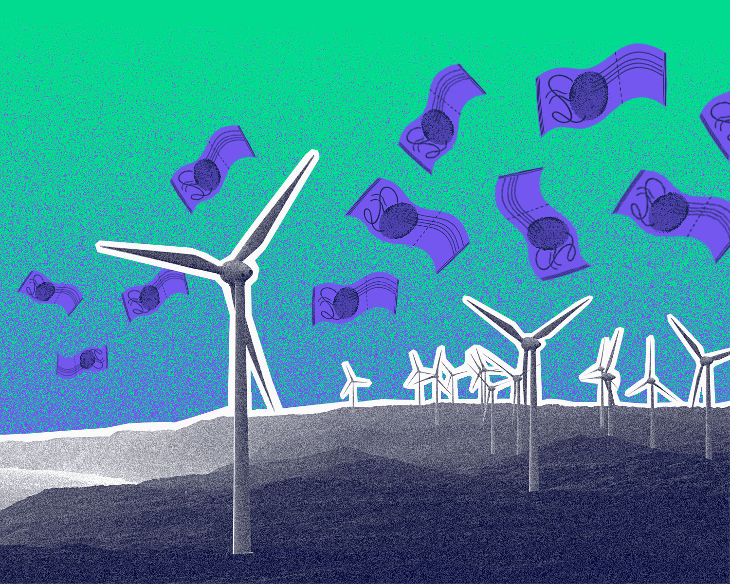 An illustration of wind turbines with money surrounding them.
