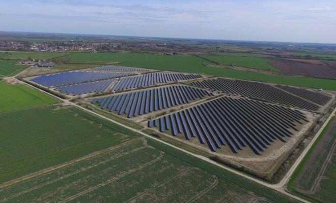Aerial shot of of Triangle Solar Farm, Soham, Cambridgeshire.