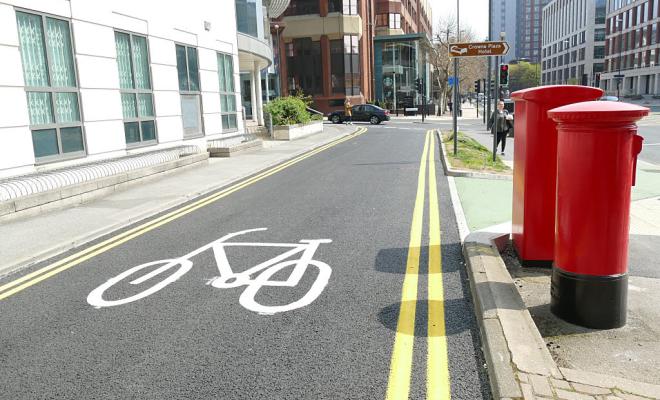 Cycle lane on Wellington Street, Opened in April 2019 as part of the City Connect programme of segregated cycle lanes in Leeds.