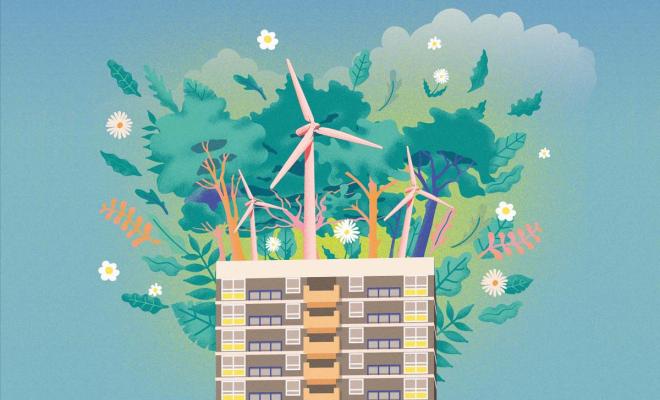 Illustration of a tower block with trees and wind turbines on top of it