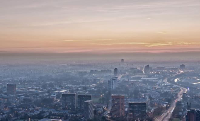 Smoggy aerial view of Manchester